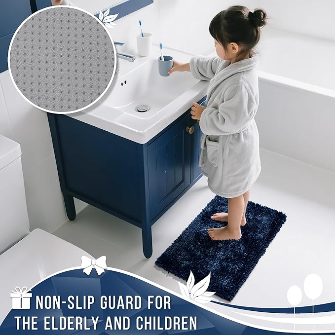 Yimobra Long Bathroom Rug Non Slip 44x24 Inch, Extra Thick Soft Absorbent Chenille Bath Mat, Machine Washable Quick Dry Bath Rugs for Bathroom Floor, Tub and Shower, Home Decor Accessories, Navy Blue