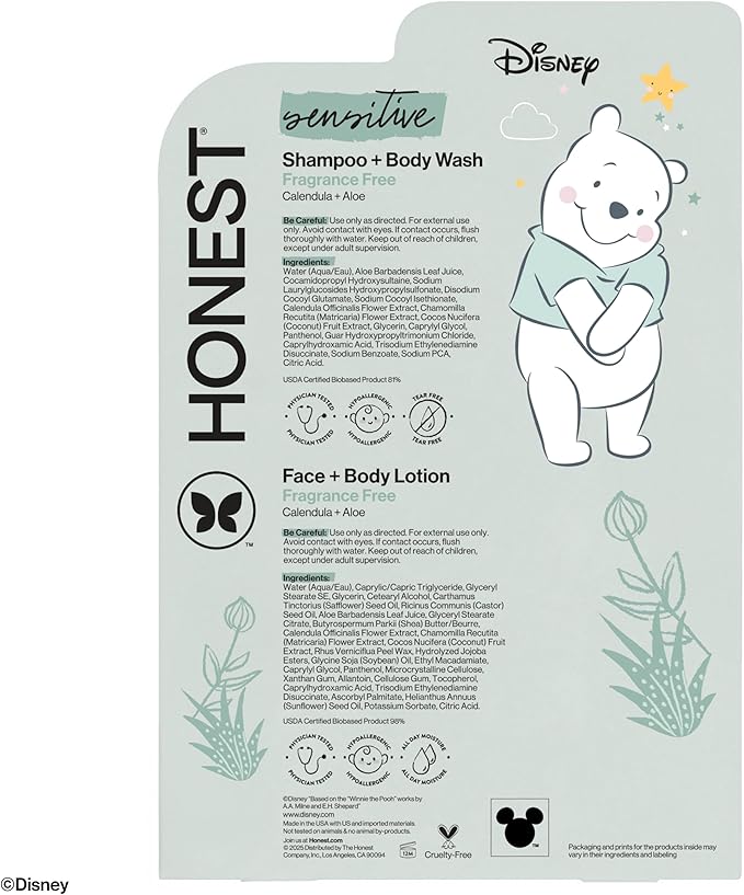 The Honest Company 2-in-1 Cleansing Shampoo + Body Wash and Face + Body Lotion Bundle + Disney Design | Gentle for Baby | Dermatologist Tested | Sensitive Fragrance Free, 18.5 fl oz