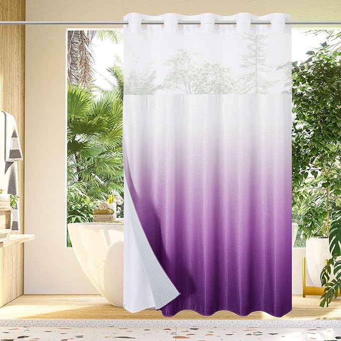 Gibelle No Hook Waffle Weave Shower Curtain with Snap-in Fabric Liner Set for Bathroom, Hotel Style with Mesh Top Window, Waterproof & Washable, Ombre Purple, 72x74