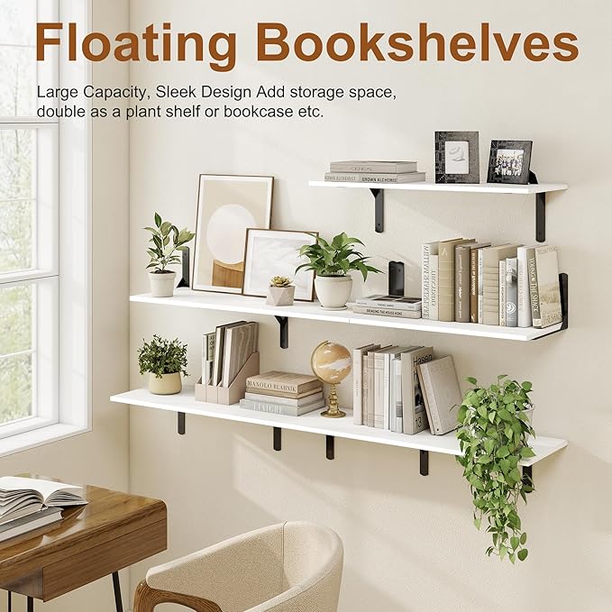 36 Inch White Floating Shelves Wall Mounted, 12 Inch Deep Wall Shelves with Visible Brackets, Deep Bookshelf for Home, Rustic Bathroom Shelf, Deep Shelves for Plant, Books, Set of 2