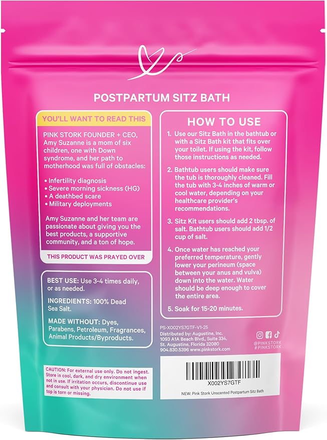 Pink Stork Postpartum Sitz Bath Soak: Dead Sea Salt for Perineal Care & Cleansing, Postpartum Recovery, Labor and Delivery Essentials, Women-Owned, Unscented, 16 oz