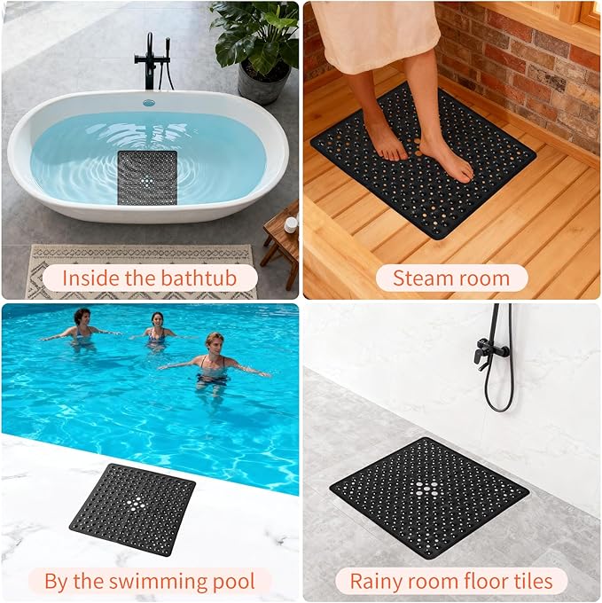 Anti-Slip Bathtub Shower mat, 20.8×20.8（Approximately 53×53cm） inch Soft Oversized Machine Washable Non-Slip Bathtub mat with Drainage Holes, Bathroom Floor Suction Cup.（1-Opaque Black）