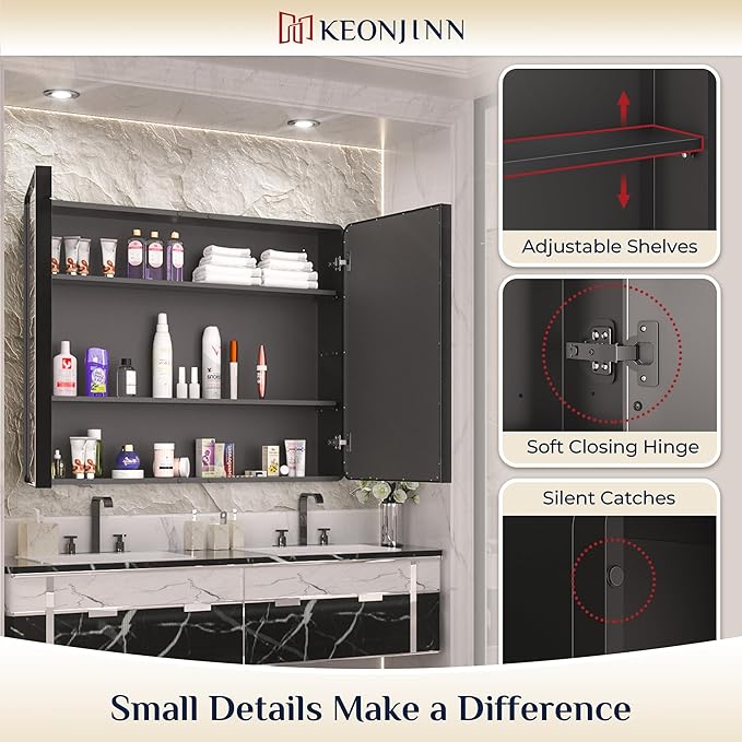 Keonjinn 48 x 32 Inch Large Black Medicine Cabinets, Recessed Bathroom Medicine Cabinet, Black Stainless Steel Framed, Sturdy & Heavy, Adjustable Shelves, Oversized Bathroom Mirror with Storage