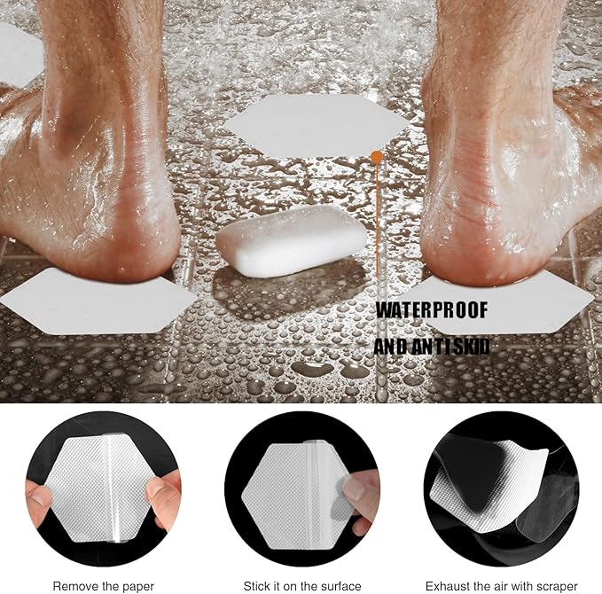 Bathtub Stickers Non-Slip, 36 PCS White Hexagon Safety Shower Treads Adhesive Appliques with Premium Scraper