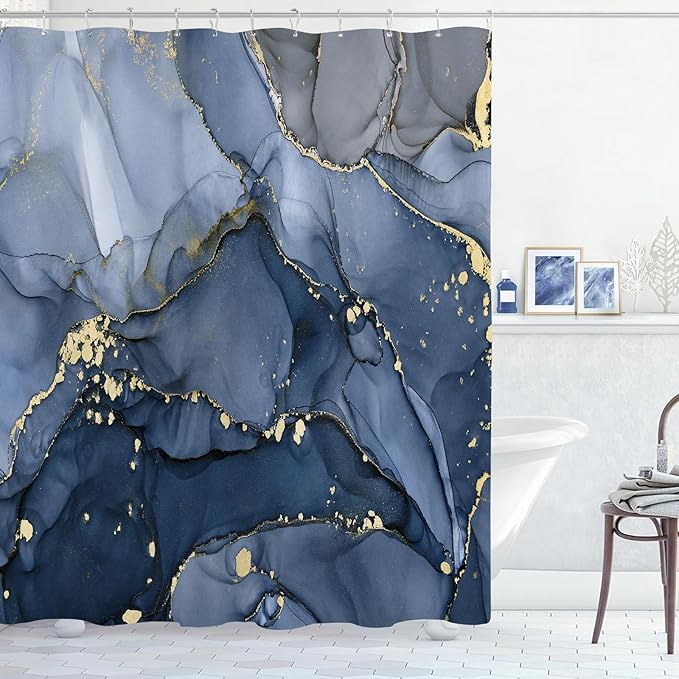 Navy Blue Marble Shower Curtain, Dark Blue Modern Abstract Fabric Shower Curtains for Bathroom, Luxury Art Ink Texture Watercolor Shower Curtain Set with Hooks 72x72