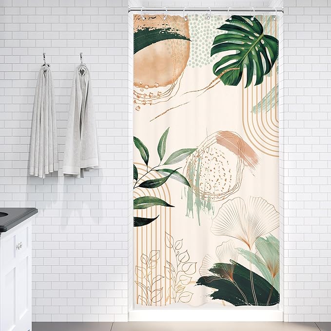 Small Stall Boho Shower Curtain 36Wx72H RV Tropical Green Leaf Modern Bohemian Green Abstract Narrow Half Bathroom Decor Palm Mid Century Minimalist Bath Curtain Fabric Polyester 7 Pack Hooks