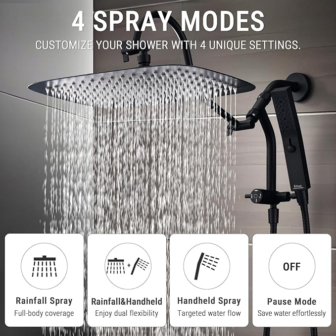 G-Promise 14 Inches Shower Faucet Sets Complete, All Metal Rainfall Shower Head and Handle Set, Extended Downward Diverter, Extension Arm and Pressure Balance Rough-in Valve Included