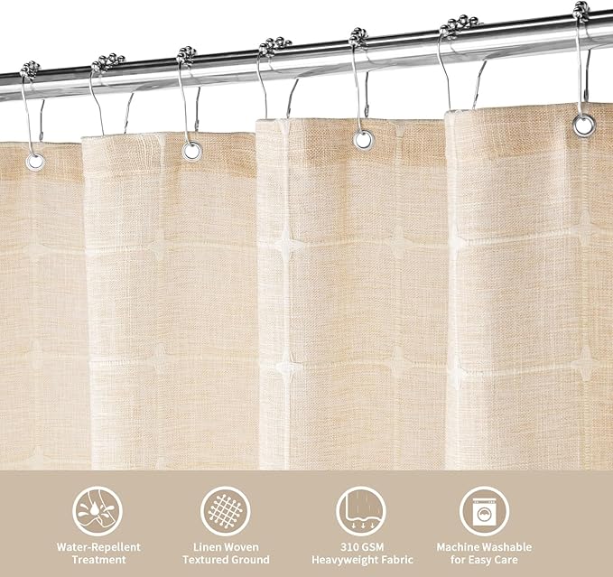 MitoVilla Cream Boho Farmhouse Shower Curtain Set 72 x 78, Beige 78 inch Long Polyester Linen Tassel Fabric Shower Curtain Set for Chic Cottagecore French Rustic Bathroom Decor
