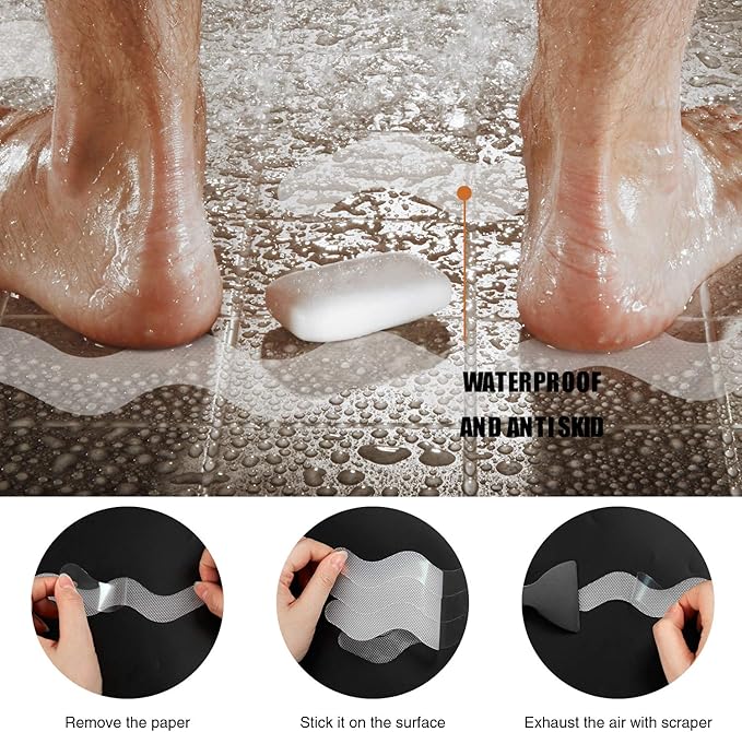 Anti Slip Shower Stickers, Adhesive Decals Safety Strips with Scraper for Bath Tub, Shower Floor, Stairs, 24 Pieces (Clear)
