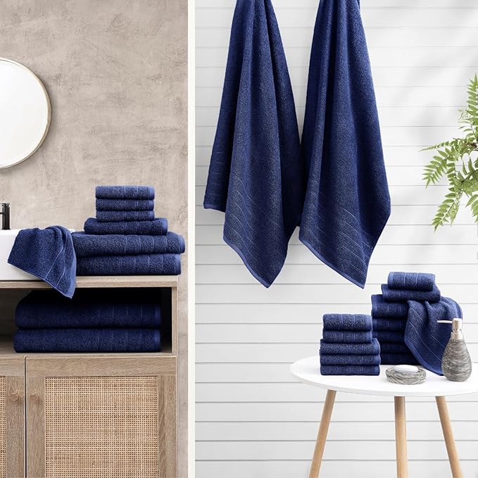 Casa Platino 100% Cotton 8 Piece Bath Towel Set - Ring Spun, Quick Dry, Super Soft & Highly Absorbent - 2 Bath, 4 Washcloths, 2 Bathroom Hand Towels - Hotel Quality Bathroom Towel Set - Navy Blue