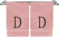 Monogrammed Hand Towel, Personalized Initial Gift, Extra Absorbent 100% Turkish Cotton - Soft Terry Finish - Set of 2 - Black Block Initial D - Embroidered on Pink Towels