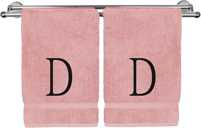 Monogrammed Hand Towel, Personalized Initial Gift, Extra Absorbent 100% Turkish Cotton - Soft Terry Finish - Set of 2 - Black Block Initial D - Embroidered on Pink Towels