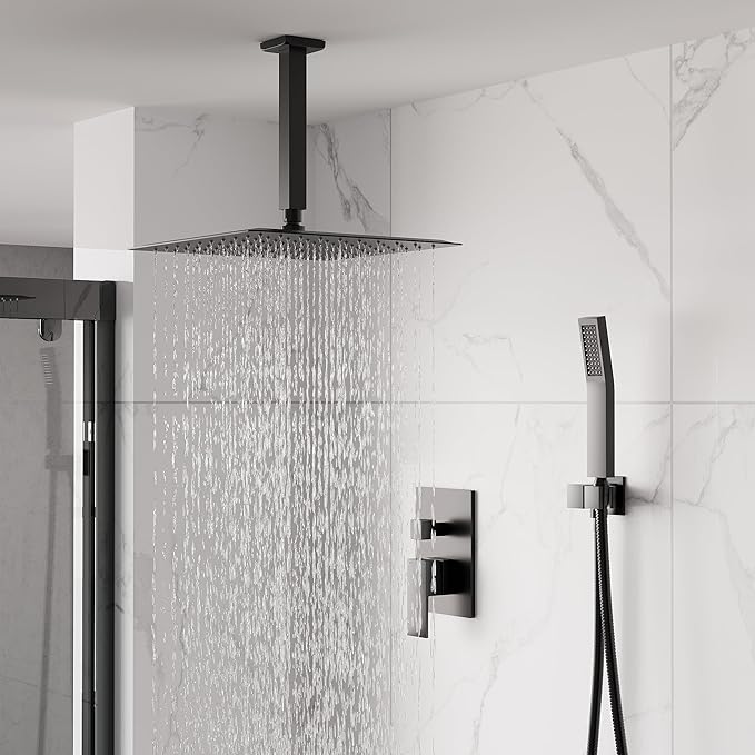 WELLFOR 12-In Ceiling Mount Shower System with Single Handle, Pressure-balanced Valve Included, Waterfall Dual Head Shower Head System, Rain Shower System, Shower Faucet Trim Kits, Matte Black
