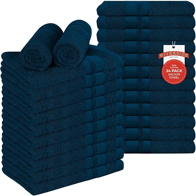 RIVERSIDE Pack of 24 Salon Towels Set – 16 x 26 Inches, 100% Ring Spun Cotton Highly Absorbent and Quick Dry Towels for Salon, Hand, Barber, Gym, Home & Hair Care, Navy