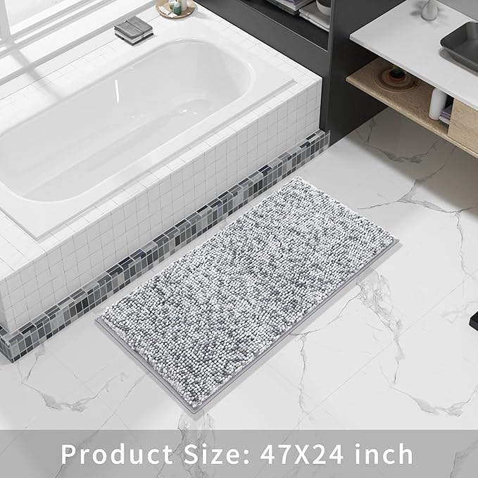 Yimobra Luxury Bathroom Rugs, 47x24, Extra Soft Chenille Mats for Bathroom Non Slip, Fluffy Long Matts for Tub, Plush Shaggy Carpet Runner, Water Absorbent, Machine Washable, Light Grey & Dark Grey