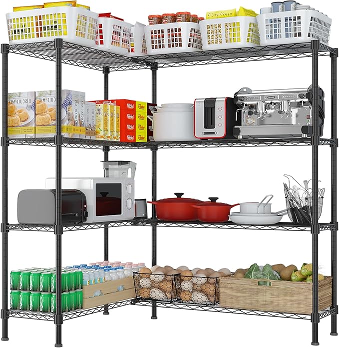 4 Tier Storage Racks Shelving, Heavy Steel Pantry Shelves, Adjustable Wire Shelving Rack, Suitable for Garage, Kitchens, Offices, 58" W x 14" D x 59" H, Black