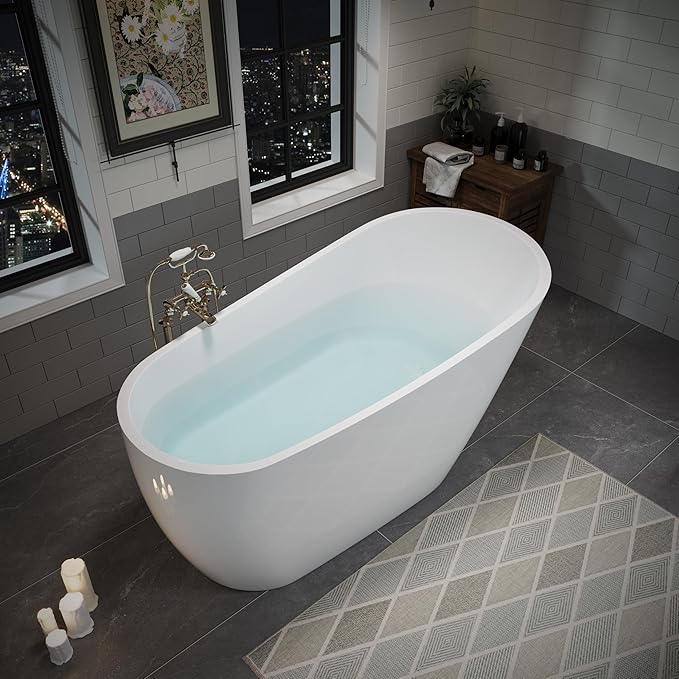 ABRUZZO 55" Acrylic Freestanding Bathtub - Deep Soaking Tub with Pop-Up Drain & Overflow, Glossy White Standalone Bathtub for Modern Bathroom, Fiberglass Reinforced Construction