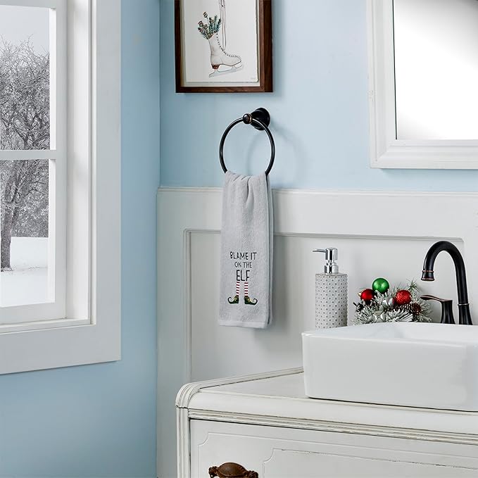 SKL Home Christmas/Winter Blame It On The Elf Hand Towel 2pc Set for Bath/Kitchen & Gift, Gray