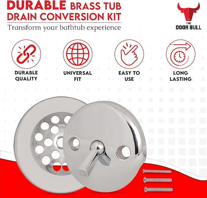 Trip Lever Bathtub Drain Kit with Strainer – 2-Hole Overflow Faceplate, Matching Screws – Tub Drain Trim Replacement Set for Bathroom Bathtubs