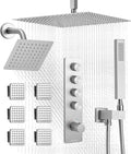 VEVOR Shower Faucet Set, 16 Inch Thermostatic Ceiling Mount Rainfall Shower System with 6 Inch Wall Mount Head, 6 Body Jets and Handheld Spray, Dual Rain Head Brass Valve and Trim Kit, Brushed Nickel