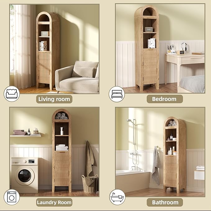 64.2" Arched Bathroom Storage Cabinet with 3 Shelves, Drawer, and Hidden Compartment – Modern Oak Storage Unit for Bathroom, Entryway, Living Room