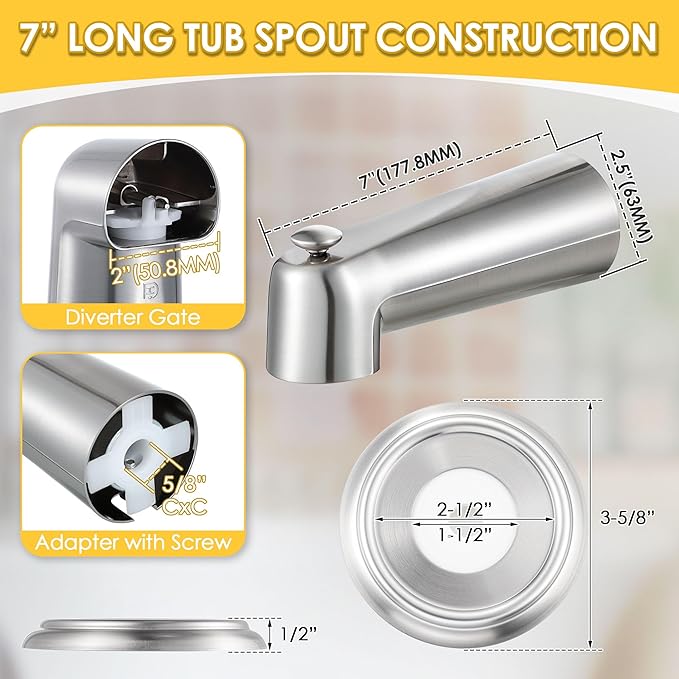 Enhon 7 Inch Slip on Tub Spout with Diverter, Compatible with Moen 3839/Moen 3853, Bathtub Diverter Spout Fits 1/2" Copper Water Tube(5/8" Diameter), 5/32" Hex Wrench (Brushed Nickel,Cover Ring)