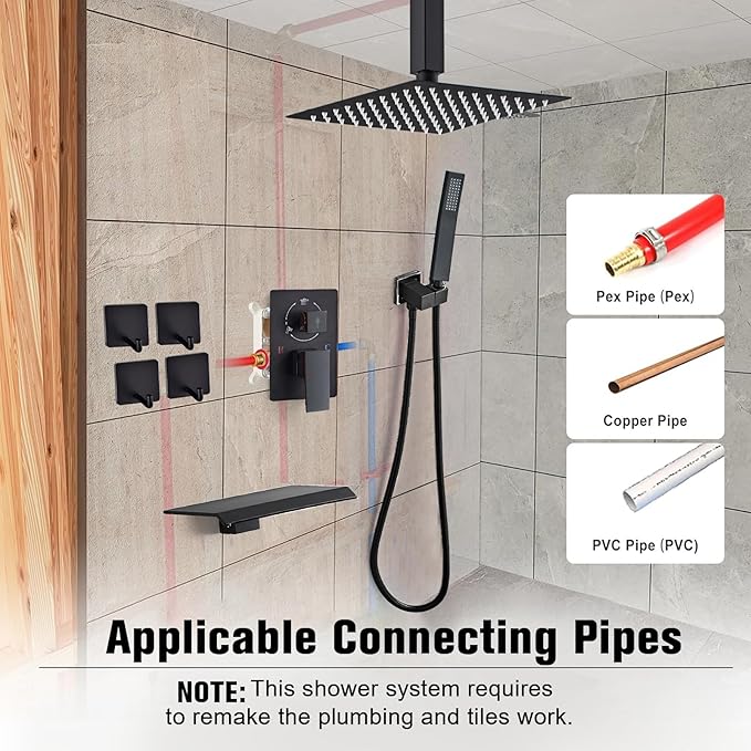 12 Inch Ceiling Mount Shower System Matte Black Rain Mixer Shower Combo Set High Pressure Rainfall Shower Head System Bathroom Luxury Shower Faucet Set Rough-in Valve and Shower Trim Included