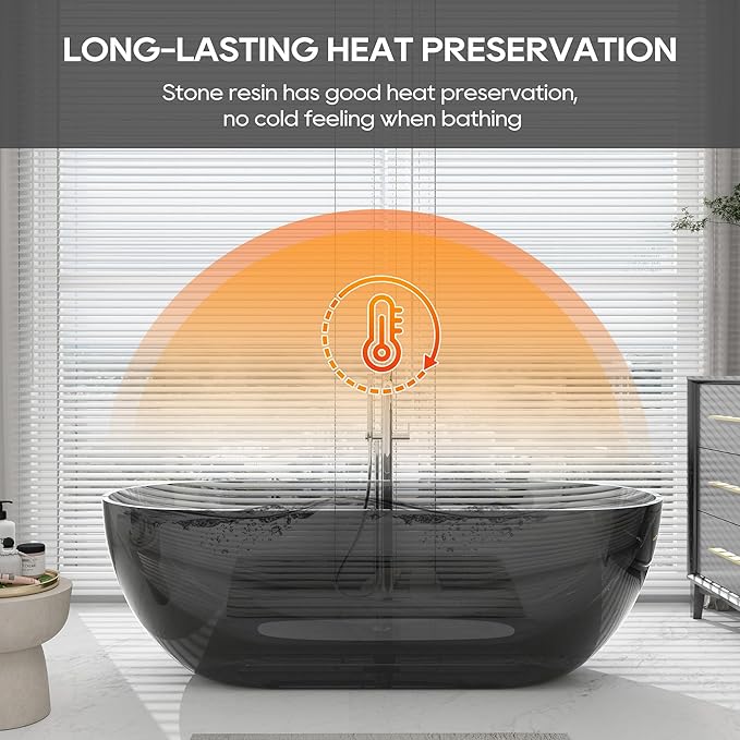 SJ STAR&JANE 69" Solid Surface Freestanding Bathtub Stone Resin Oval Soaking Tub Stand Alone Tub with Pop-up Drain Transparent Gray