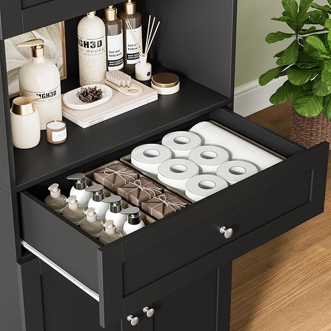 HIFIT Tall Bathroom Storage Cabinets, Modern Linen Storage Cabinet with 4 Doors & Shelves & Drawer, 67" H Tall Storage Cabinet Freestanding for Bathroom, Living Room, Kitchen & Dining, Pantry, Black