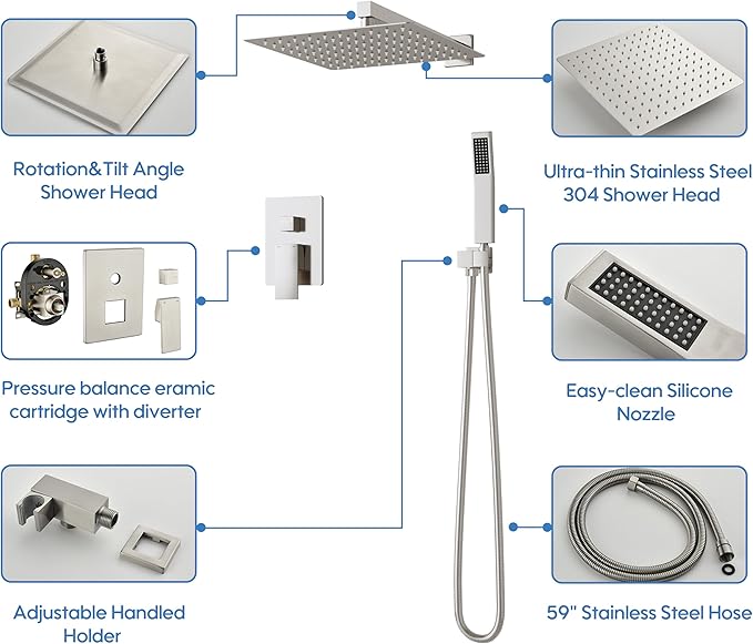 WELLFOR 12-In Wall Mounted Rain Shower Faucet with Single Handle and Handheld Spray, Waterfall Dual Head Shower Head System with 2-way Diverter, Pressure-balanced Valve Included, Brushed Nickel