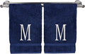 Monogrammed Hand Towel, Personalized Initial Gift, Extra Absorbent 100% Turkish Cotton - Soft Terry Finish - Set of 2 - White Block Initial M - Embroidered on Navy Blue Towels