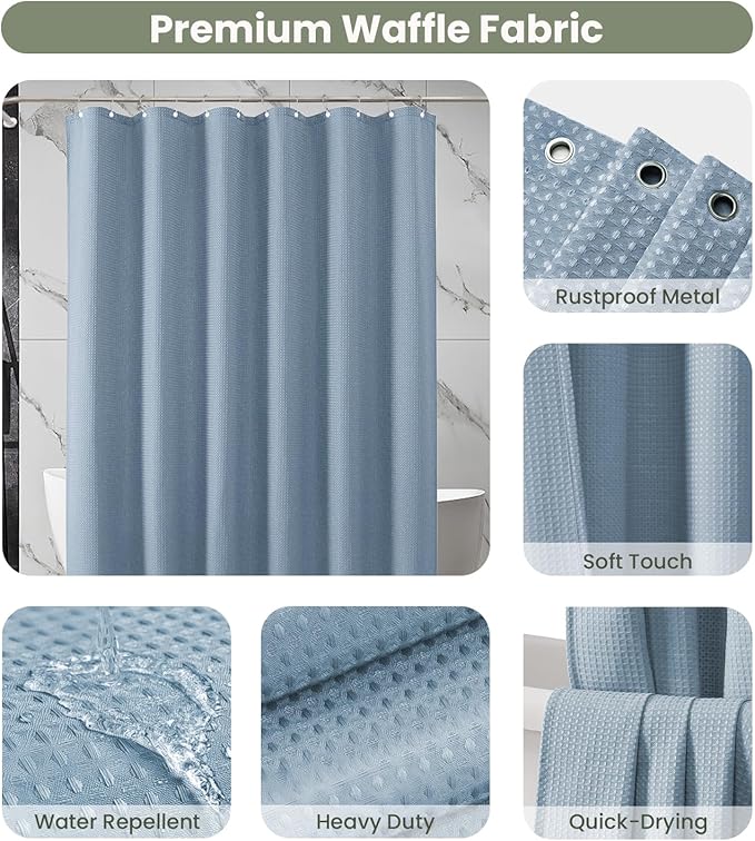 Inhousolu Fabric Shower Curtain Waffle Weave, Fog Blue 230 GSM Heavy Duty, Weighted Hem, 14 Metal Hooks, Water Repellent, Machine Washable, Hotel Spa Luxury Bath Curtain Set, 72 x 72 Inch
