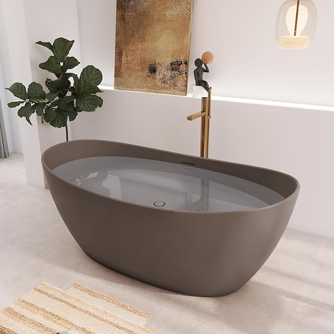 65" Premium Solid Surface Freestanding Bathtub, Contemporary Design Stand Alone Stone Resin Tub with Overflow and Pop-up Drain, Grey Coffee