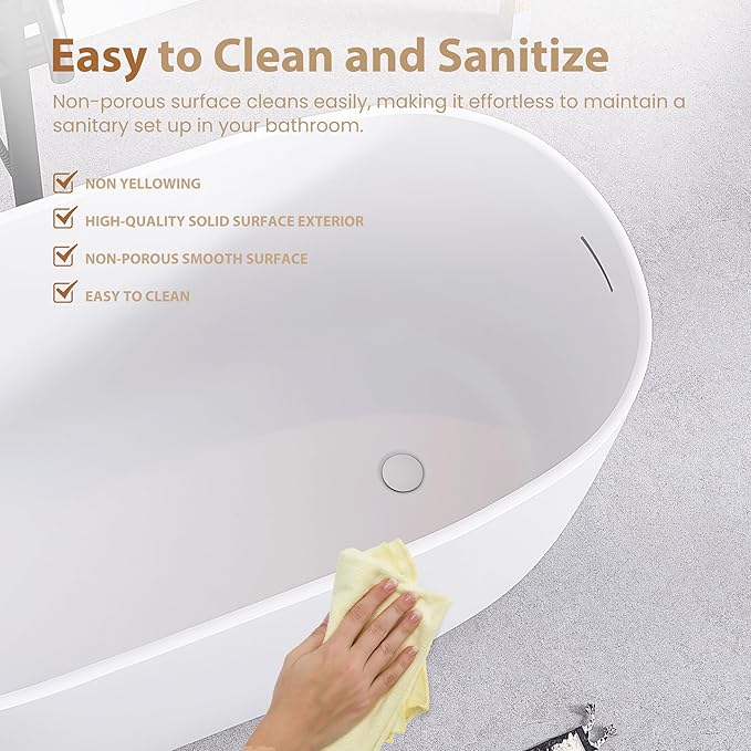 SJ STAR&JANE 47" Solid Surface Freestanding Bathtub Modern Stone Resin Oval Soaking Tub with Side Drain in Matte White