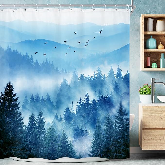 Riyidecor Navy Blue Mountain Shower Curtain 72Wx84H Inch Extra Long Woodland Scenery Park Scene View Natural Foggy Pine Tree Alpine Cool Men Bathroom Decor Fabric Polyester Waterproof 12 Pack Hooks