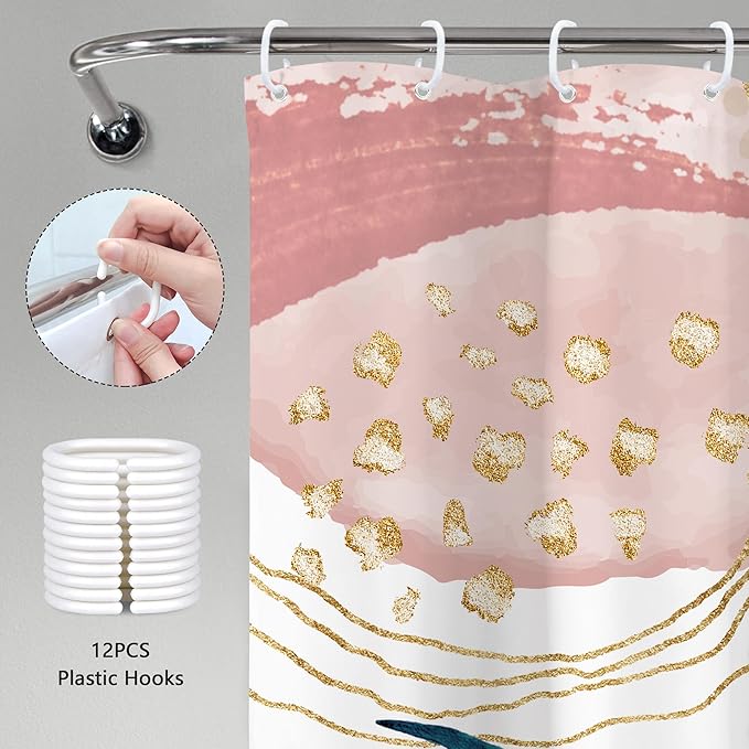 Pink Blue Boho Shower Curtain Modern Abstract Tropical Palm Leaves Bohemian Minimalist Gold Leaf Mid Century Plant Botanical Bathroom Decor 72Wx72H Bath Curtain Fabric Polyester 12 Pack Hooks