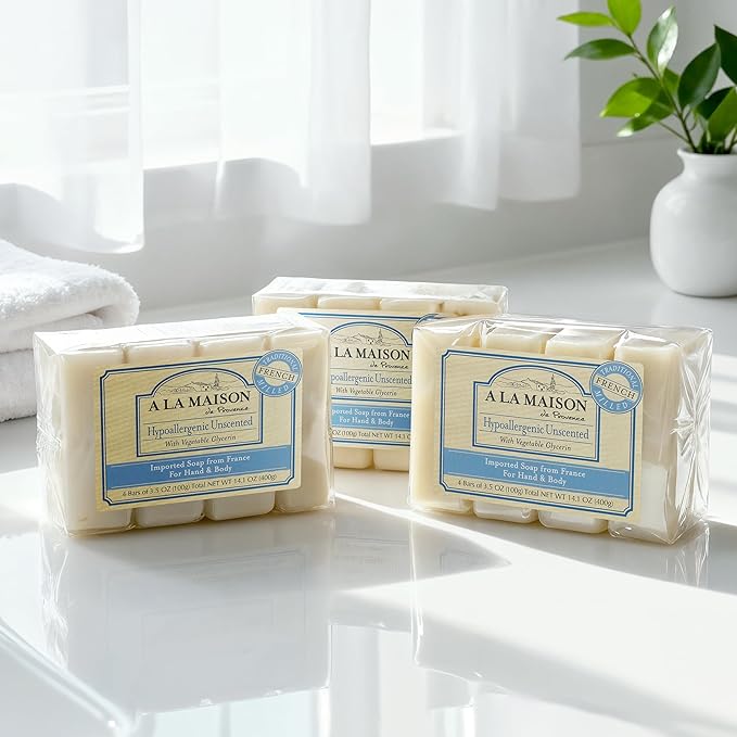 A LA MAISON Hypoallergenic Unscented Bar Soap - Triple French Milled Natural Moisturizing Hand Soap Bar (12 Bars of Soap, 3.5 oz)