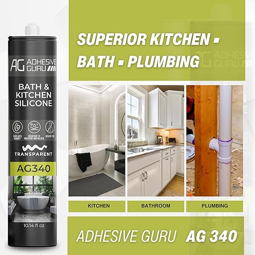 Adhesive Guru AG340 Clear Silicone Sealant for Bath and Kitchen(24x10.14 fl oz), 100% Silicone Caulk, Weatherproof & Flexible Adhesive Sealant, 24 Pack