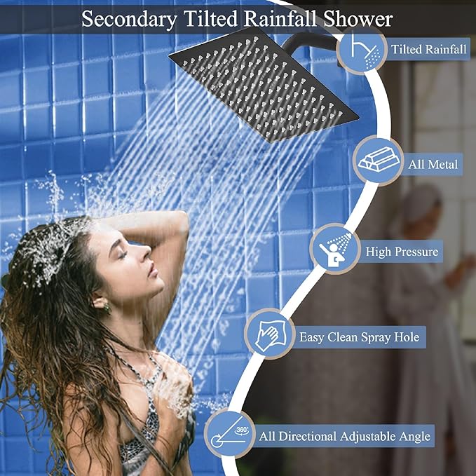 Shower Faucet Set Matte Black Shower System, Knob Switch Diverter Shower Faucet with High Pressure Handheld Spray, Ceiling Mount 12 Inch Shower Head with 6 Inch Wall Mount Shower Head