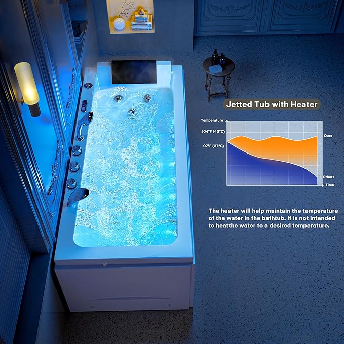 Empava Whirlpool Bathtub, 67-Inch Jetted Bathtub, Hydro Massage with 9 Water Jets & 8 Air Jets with Chromotherapy, Waterfall – LED Control Panel, ETL-Certified