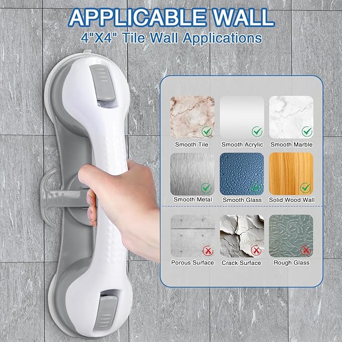 2 Pack Grab Bars for Bathtubs and Showers with 3 Suction Cups Heavy Duty Bathroom Handrails for Seniors and Elderly Safety Grip No Drilling Waterproof Bath Handle