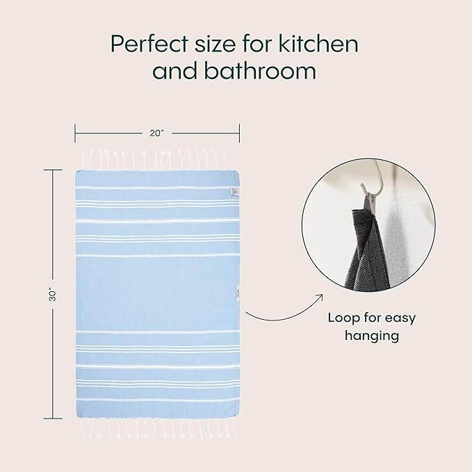 WETCAT Turkish Hand Towels with Hanging Loop, Set of 2 (20" x 30") 100% Turkish Cotton, Pre-Washed, Quick Drying, for Kitchen or Bathroom - Light Blue