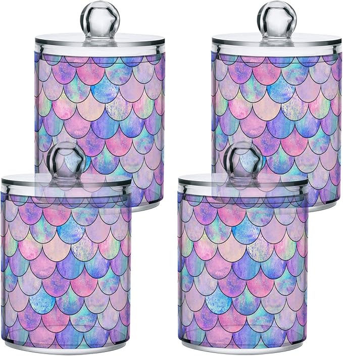 MNSRUU 2 Pack Qtip Holder Organizer Dispenser Colorful Mermaid Scales Bathroom Storage Canister Cotton Ball Holder Bathroom Containers for Cotton Swabs/Pads/Floss
