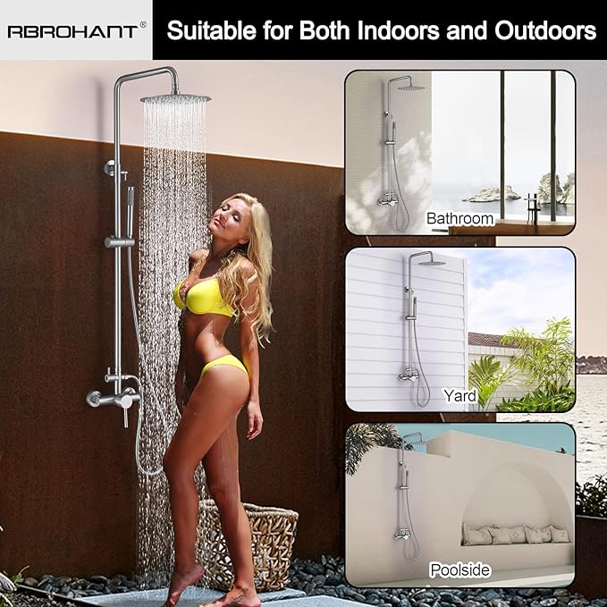 RBROHANT Outdoor Shower, Wall Mount Outdoor Shower Kit, Outside Shower Faucet with Height Adjustable Rain Shower Head and Handheld, Exposed Shower System for Pool, Wall Mounted, Brushed Nickel, JK0290