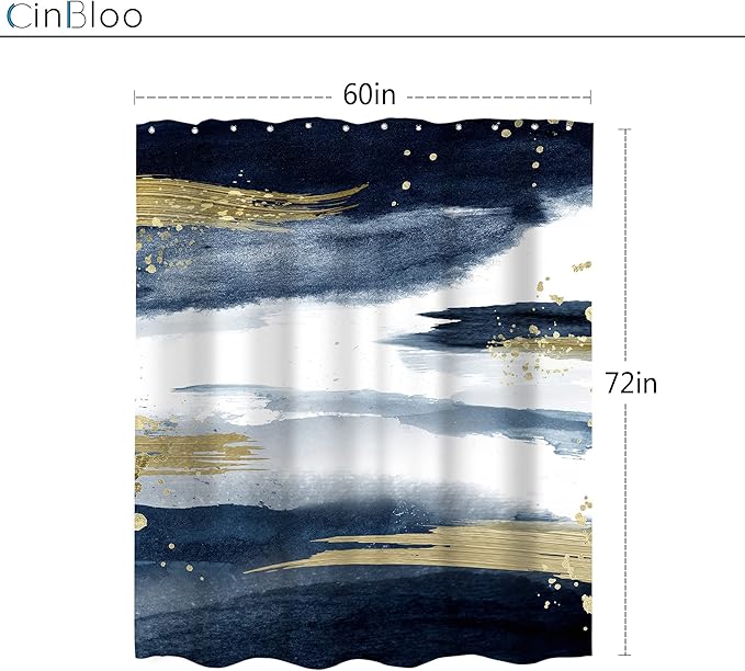 Cinbloo Navy Blue Marble Shower Curtain 60Wx72H Abstract Modern Ombre Gold Minimalist Bathroom Curtain Set Man Woman Aesthetic Oil Painting Ink Bath Curtain Fabric Bathroom Decor with 12 Hooks