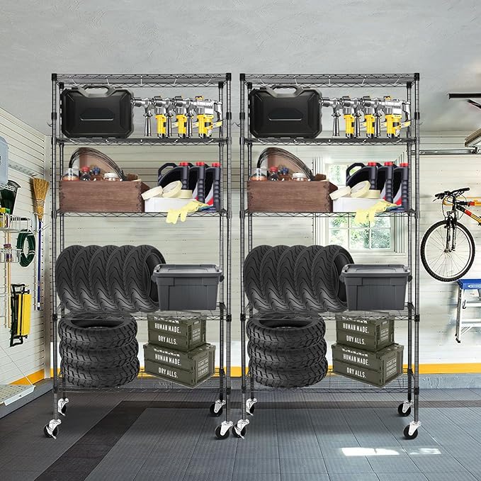 5 Tier Storage Shelves with Wheels, 1750lbs Capacity Heavy Duty Shelving Units, 14x36x75inch Adjustable Metal Shelf Wire Shelving Rack for Garage, Kitchen, Office, Black
