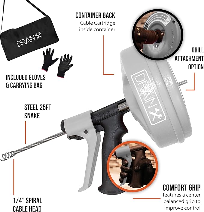 DrainX SPINFEED 50 Foot Drum Auger | Use Manually or Drill Powered - Auto Extend and Retract Plumbing Snake | Work Gloves and Storage Bag Included