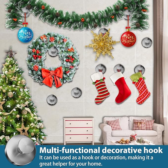 Suction Cup Hooks for Shower, 2 PCS No-Drill Towel Holder for Bathrooms Wall, Glass Door, Mirror, Tiles, Kitchen, Hold Robe & Wreath, Hanging up to 15 lbs – Waterproof & Rustproof, Loofah-Silver