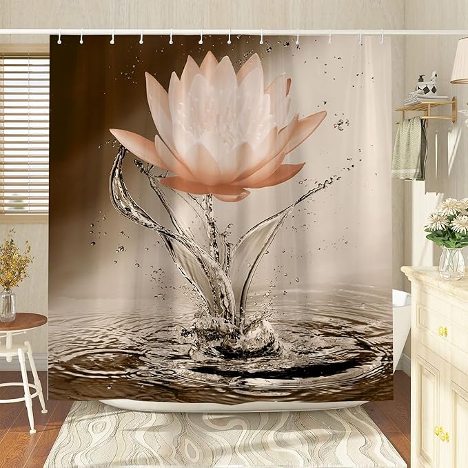 Lotus Shower Curtain Orange Flower Elegant Blooming Floral with Dew Spring Flower Reflection on Water Modern Romantic Polyester Fabric Bathroom Decor 108×70 Inch with Hook