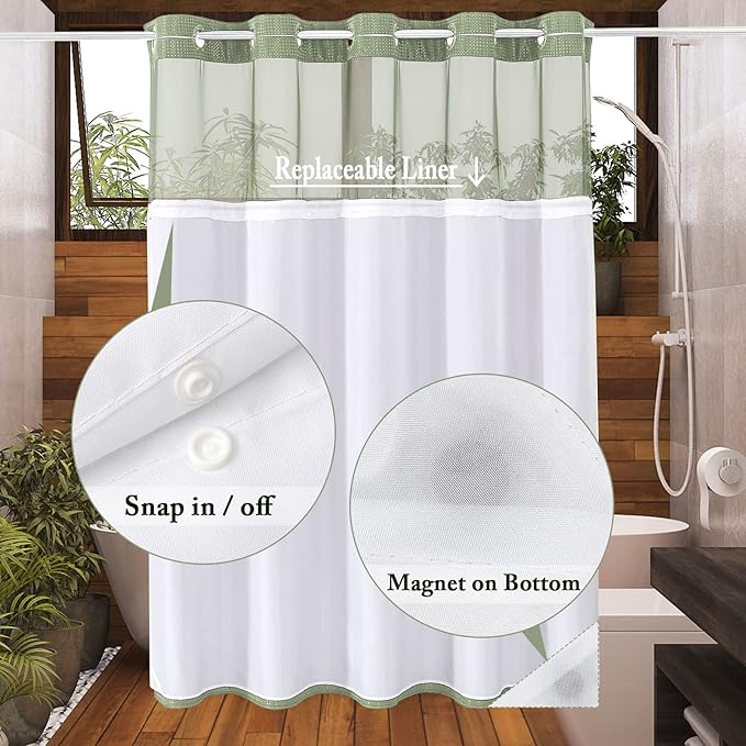 Gibelle Long Shower Curtain 72x80, Waffle Weave Bathroom Shower Curtain with Snap-in Fabric Liner Set, No Hooks Needed, Hotel Style with Mesh Top Window, Sage Green